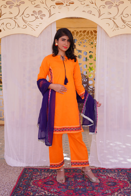 3 piece Orange Embroidered Cotton Palazzo Suit with Navy Blue Chiffon Dupatta & Laces.(Stitch).