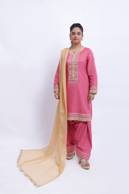 3 piece T-Pink Cotton Plazo Suit with Multicolor & Golden Laces & Golden Chiffon Dupatta. (Stitch)