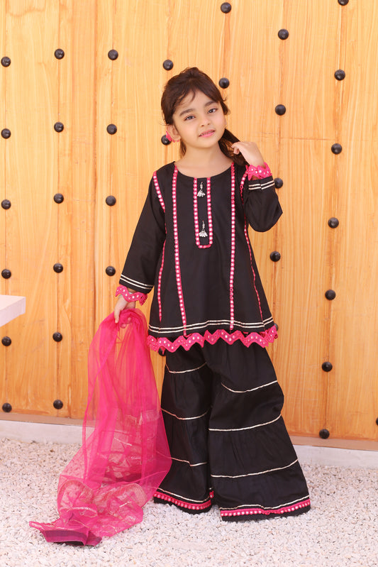 3 piece Stunning JET BLACK Cotton Gharara Suit with Shocking Pink net Dupatta & Shocking Pink Mirror & Golden Laces.