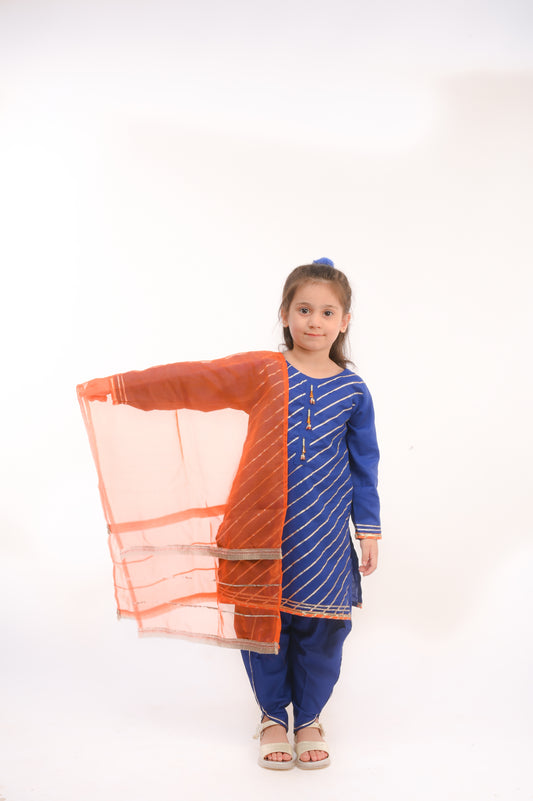 3 piece Royal Blue Cotton Tulip Suit with Orange net Dupatta & Laces.(Stitch).