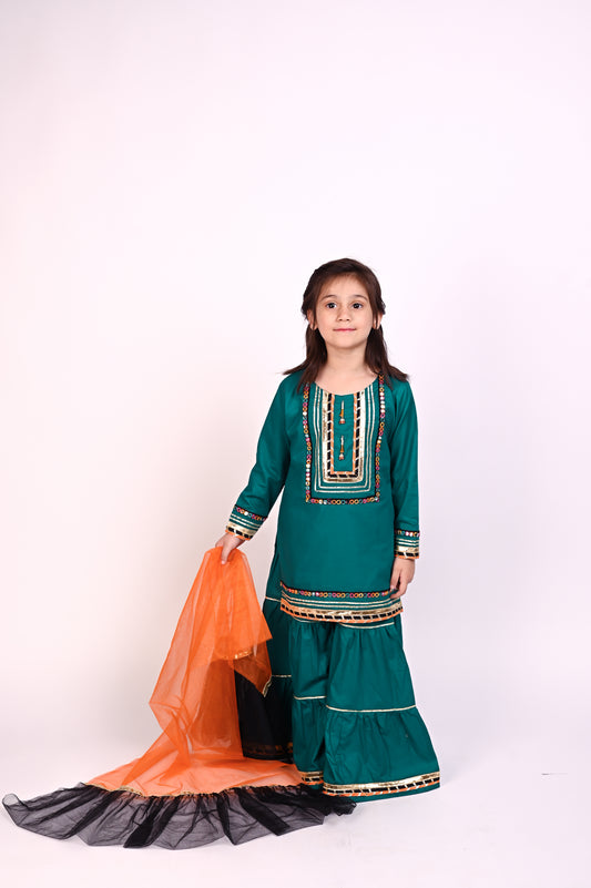 3 piece Sea Green Cotton Gharara Suit with Orange & Black frill net Dupatta & Multicolor mirror Laces.(Stitch)
