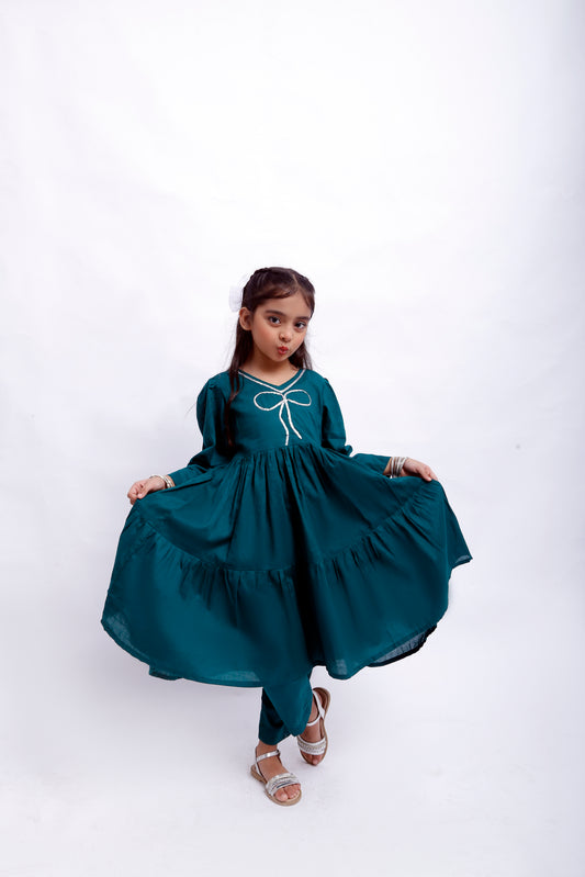 3 piece Sea Green Cotton Frock Suit with Silver Sitara Laces & White/Silver Chan net Dupatta (Stich).