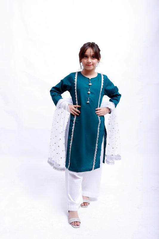 3 piece Sea Green Shirt & White Trouser Cotton Suit with White/Silver Chan net Dupatta & Silver Laces(Stitch)