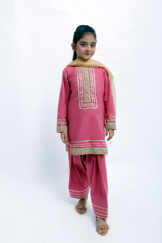 3 piece T-Pink Cotton Plazo Suit with Multicolor & Golden Laces & Golden Chiffon Dupatta. (Stitch)