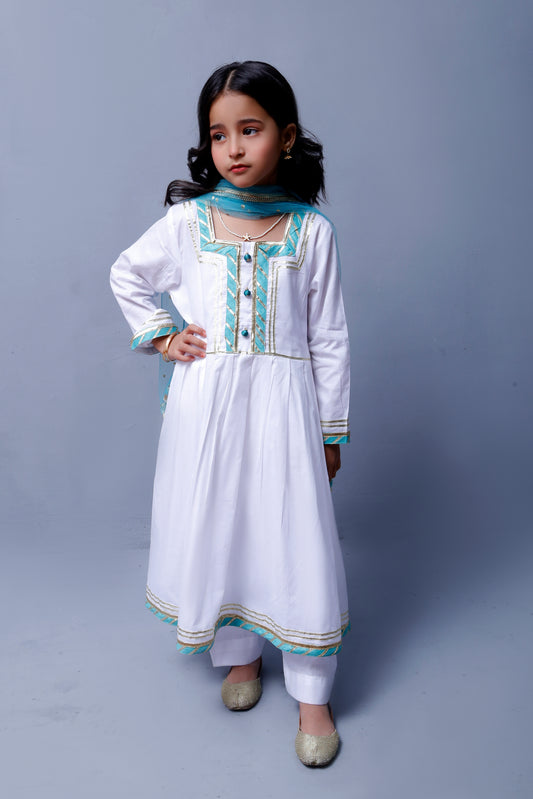 3 piece beautiful White Frock Cotton Suit with Cyan(Aqua Green) Laces & Cyan(Aqua Green) Chan net Dupatta (Stitch).