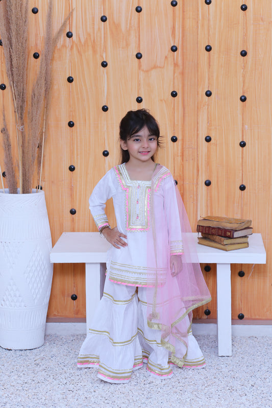 3 piece White Cotton Gharara Suit wiith Baby Pink net Dupatta & Baby Pink & Golden Laces.(Stitch)