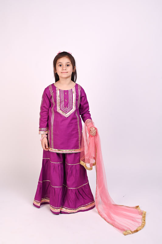3 piece Stunning Purple Cotton Gharara Suit with Baby Pink Net Dupatta & Baby Pink Laces.(Stitch)