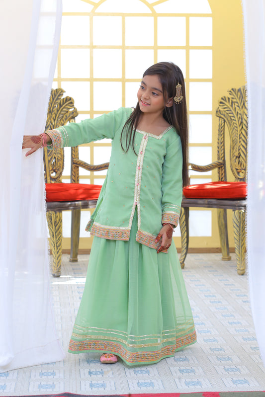 3 piece Pistachio Green Chiffon Lehenga Suit with Baby Pink Chiffon Dupatta & Multicolor & Golden Laces .(Stitch)