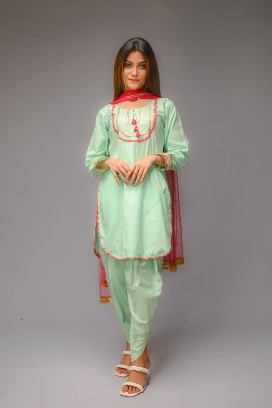 3 piece Aqua Green(Cyan) Cotton Tulip Suit with Carrot Pink net Dupatta & Golden Laces.(Stitch)