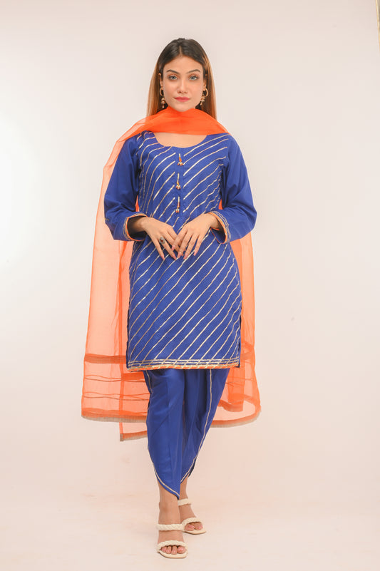 3 piece Royal Blue Cotton Tulip Suit with Orange net Dupatta & Laces.(Stitch).